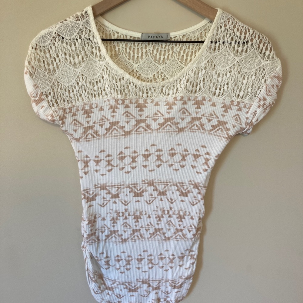 Papaya Lace Yoke White Blouse Tribal Print Ruched Top S